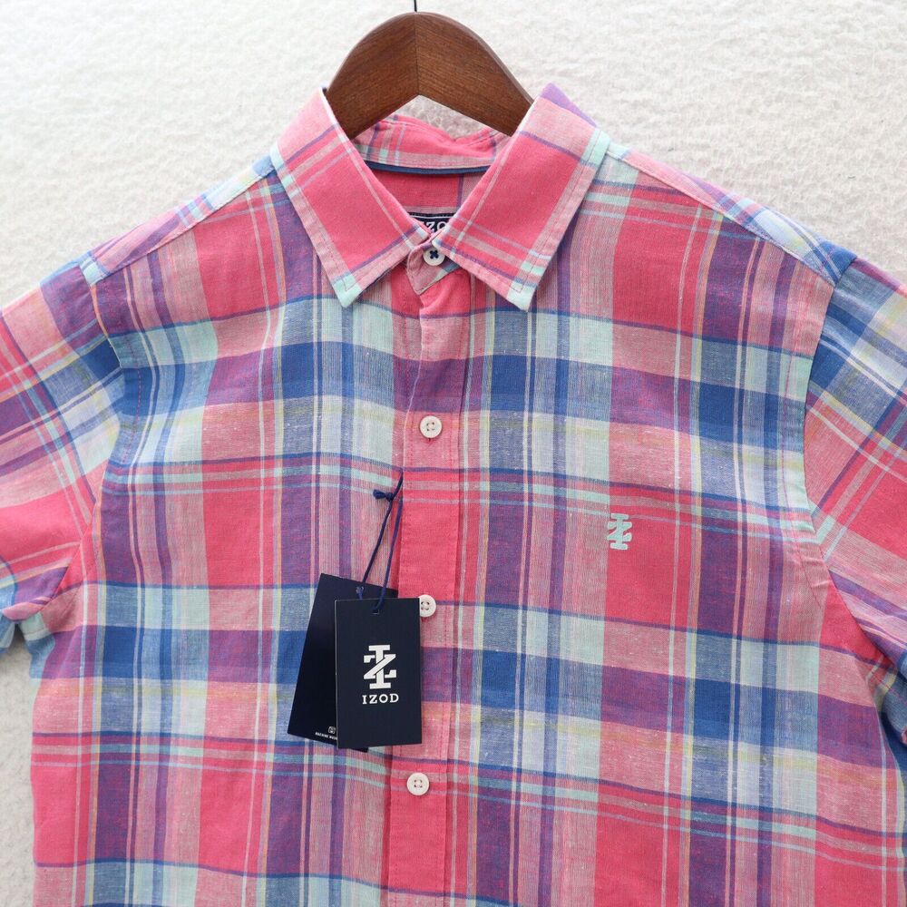 Izod Madras Linen Blend Shirt Mens Large Pink & Blue Plaid SS Lightweight Preppy - Picture 2 of 7